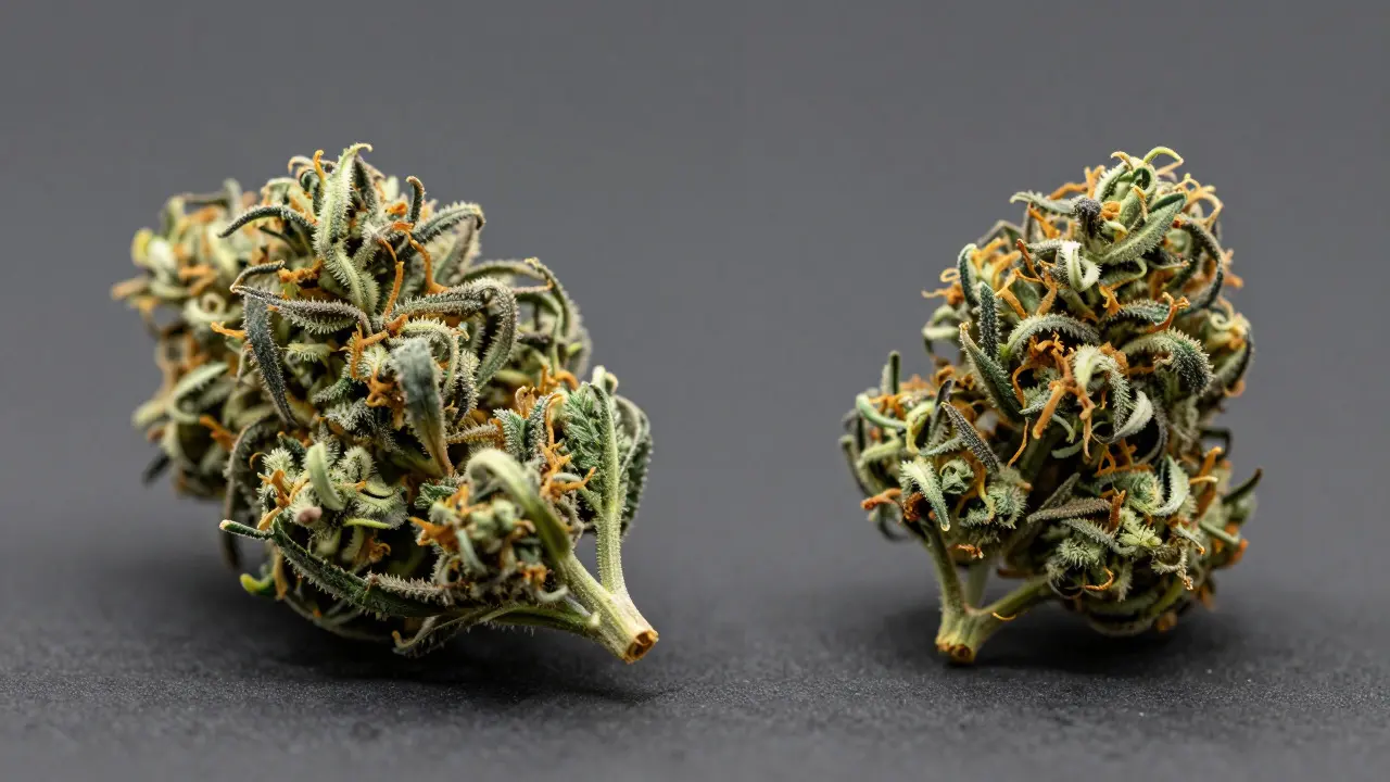 Vergleich von großer, lockerer und kleiner, dichter Cannabis-Blüte