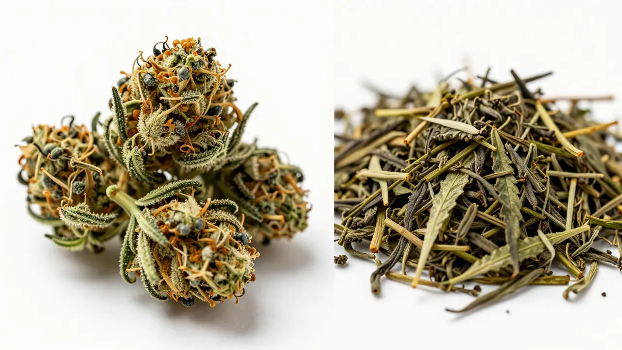 Vergleich von harzigen CBD-Blüten und Teeblättern