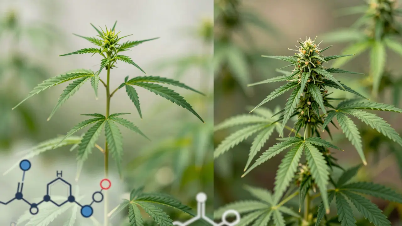 Vergleich von schlanker Sativa- und buschiger Indica-Pflanze mit chemischen Symbolen