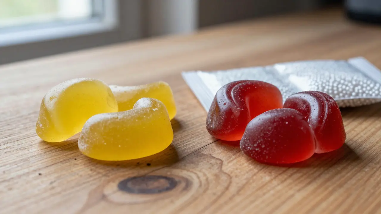 Yellow and red hard candies next to silica gel packets on wooden table